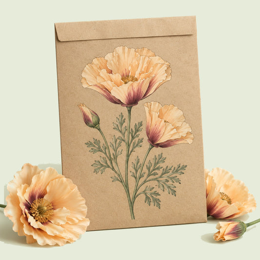 Kraft seed packet illustrated with Sparky Apricot Poppy, with fresh Sparky Apricot Poppy beside it