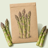 Kraft seed packet illustrated with Spartacus Asparagus, with fresh Spartacus Asparagus beside it