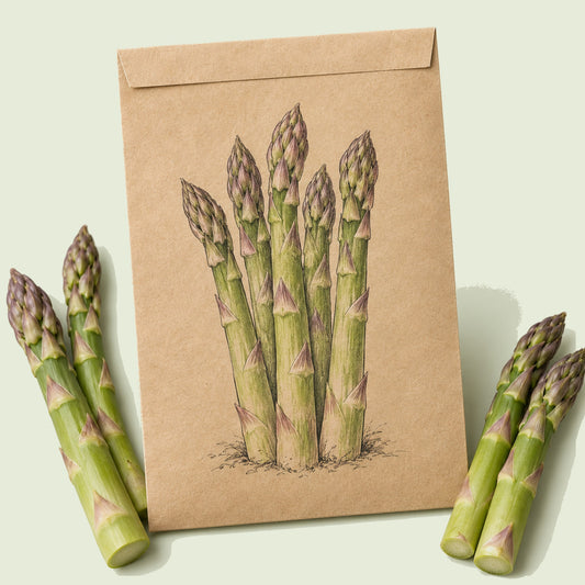 Kraft seed packet illustrated with Spartacus Asparagus, with fresh Spartacus Asparagus beside it
