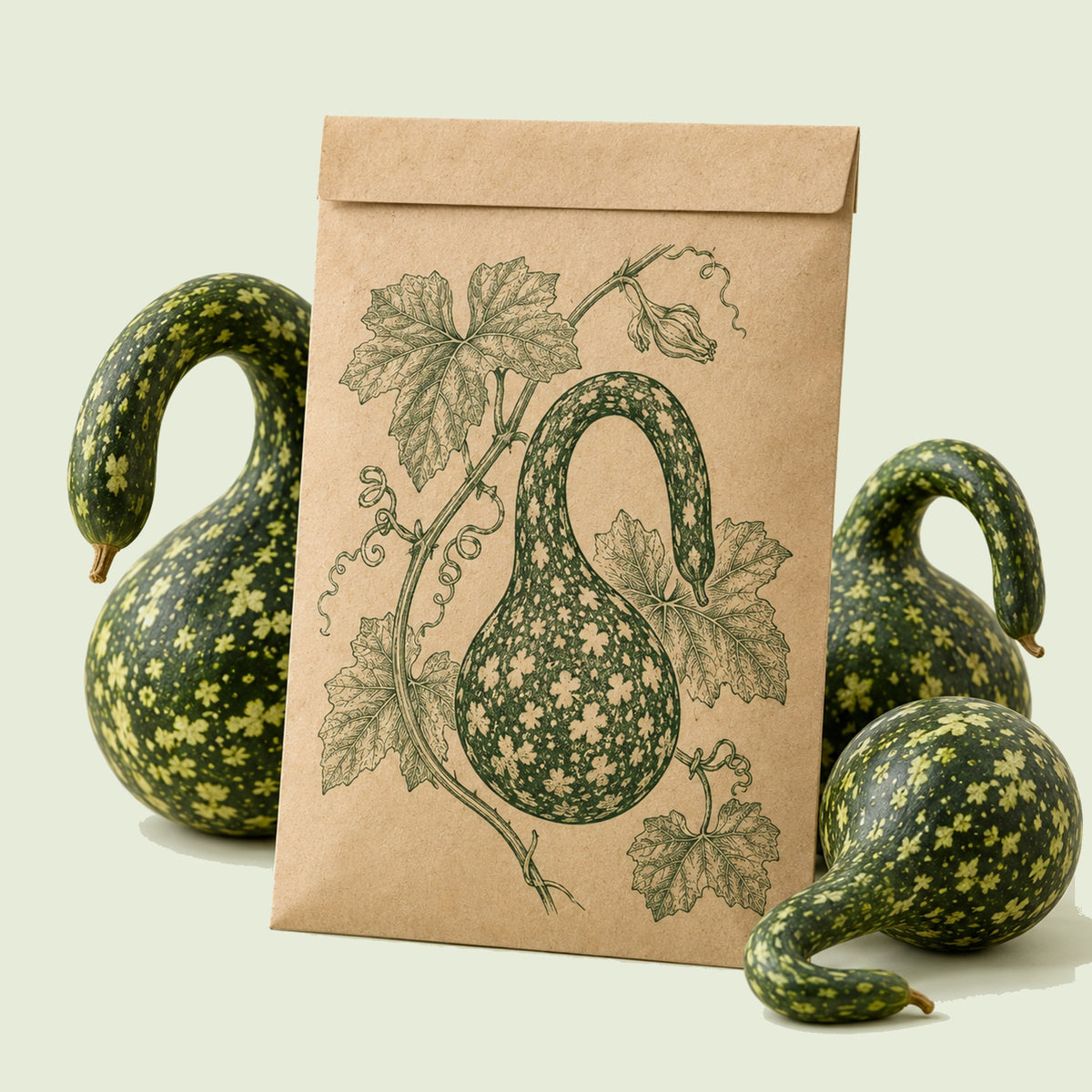 Kraft seed packet illustrated with Speckled Swan Gourd, with fresh Speckled Swan Gourd beside it