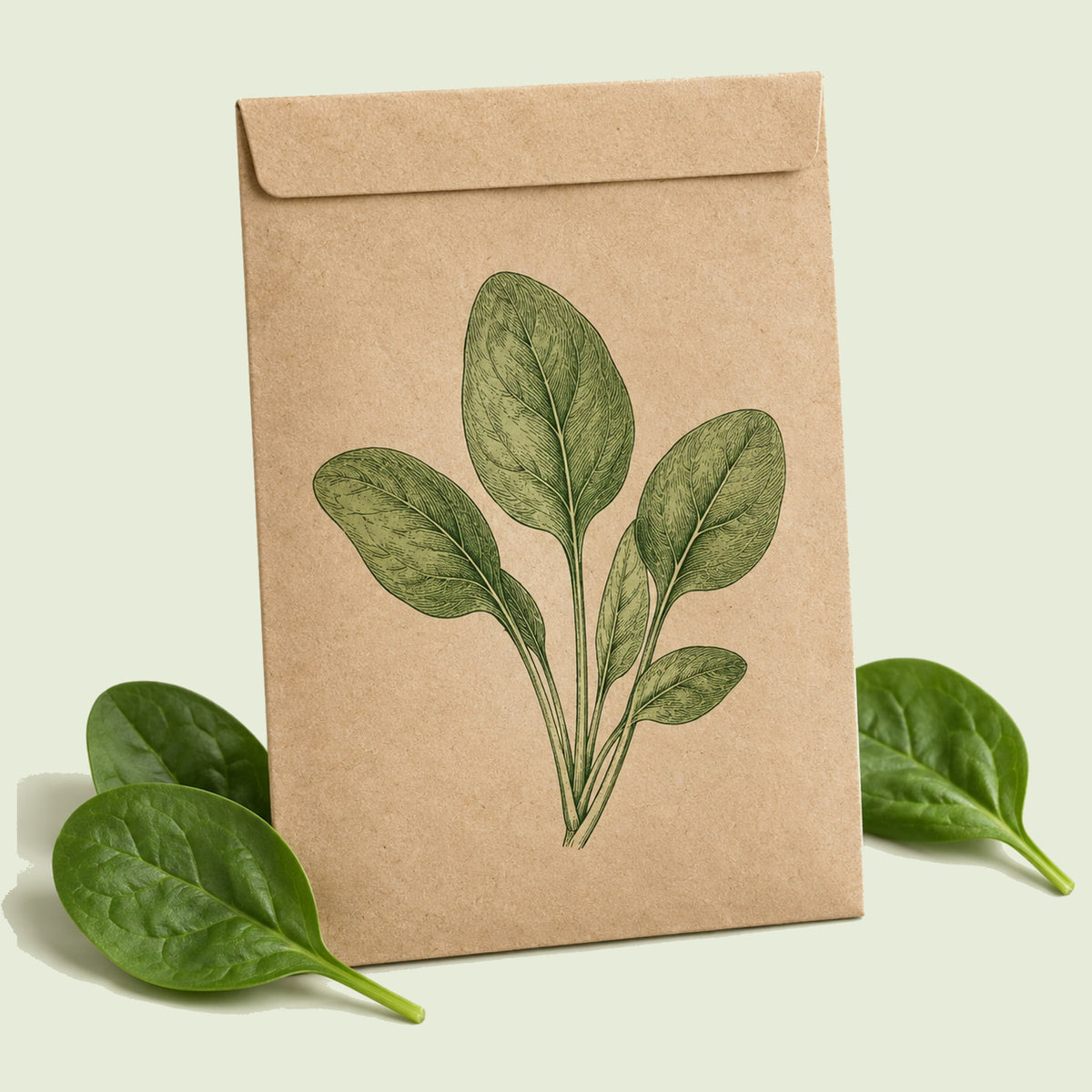Kraft seed packet illustrated with Spinach Baby Greens, with fresh Spinach Baby Greens beside it