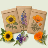 Kraft seed packet illustrated with Spring Flower Seed Bundle, with fresh Spring Flower Seed Bundle beside it