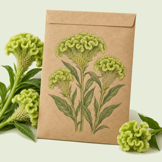 Kraft seed packet illustrated with Spring Green Celosia, with fresh Spring Green Celosia beside it