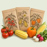 Kraft seed packet illustrated with Spring Vegetable Seed Bundle, with fresh Spring Vegetable Seed Bundle beside it