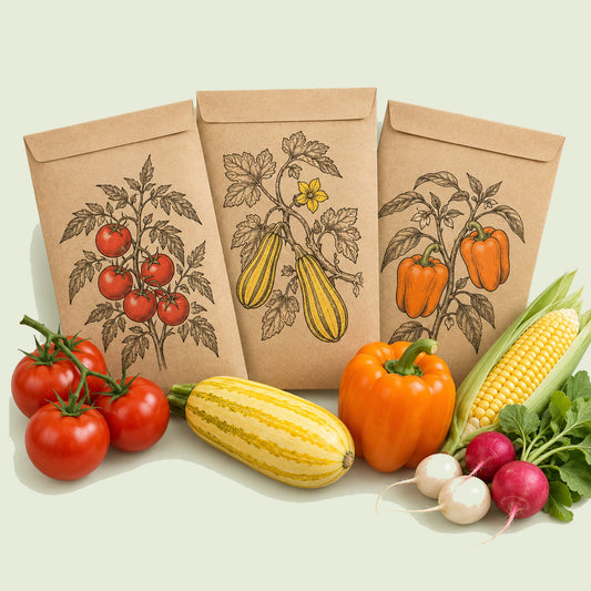 Kraft seed packet illustrated with Spring Vegetable Seed Bundle, with fresh Spring Vegetable Seed Bundle beside it