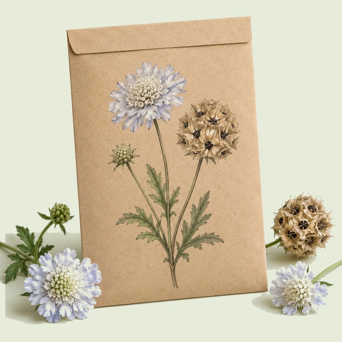 Kraft seed packet illustrated with Starflower Scabiosa, with fresh Starflower Scabiosa beside it