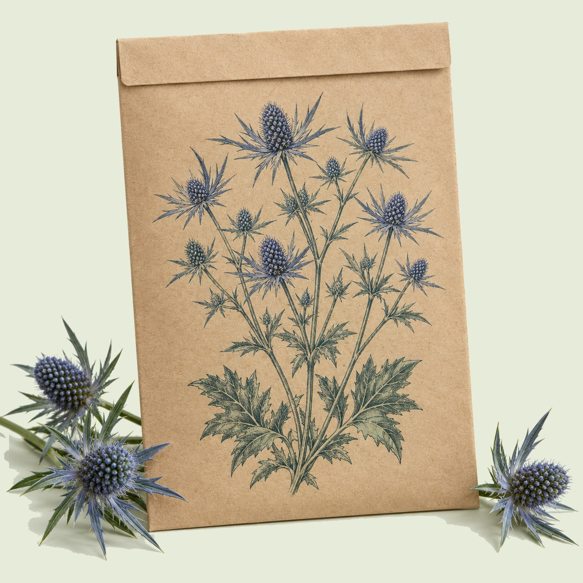Kraft seed packet illustrated with Steel Blue Sea Holly, with fresh Steel Blue Sea Holly beside it