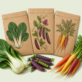 Kraft seed packet illustrated with Stir Fry Vegetable Seed Bundle, with fresh Stir Fry Vegetable Seed Bundle beside it