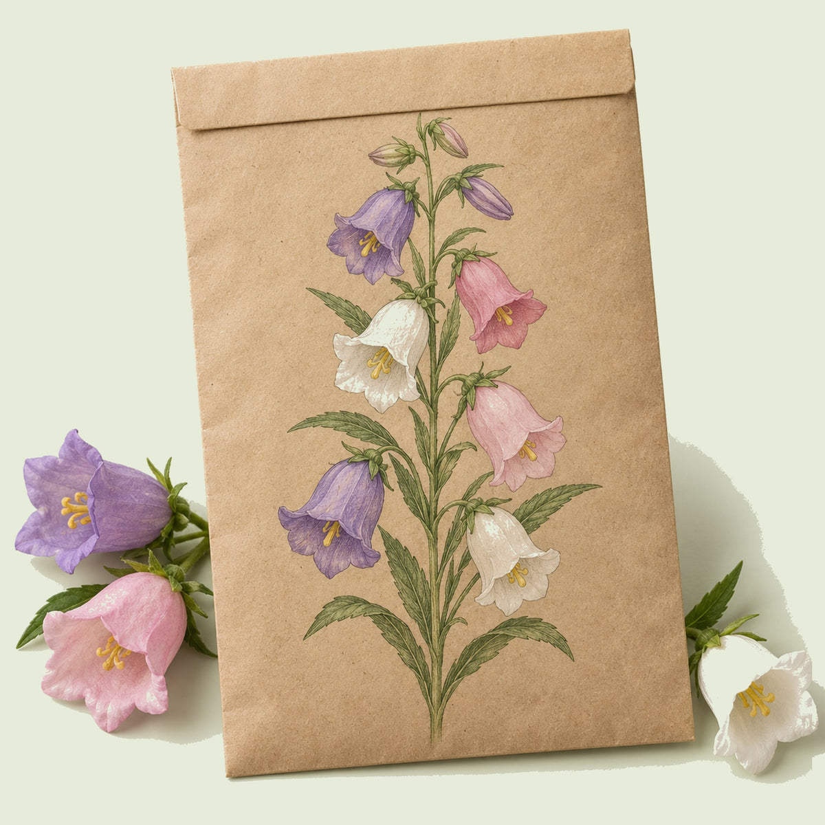 Kraft seed packet illustrated with Storybook Canterbury Bells, with fresh Storybook Canterbury Bells beside it