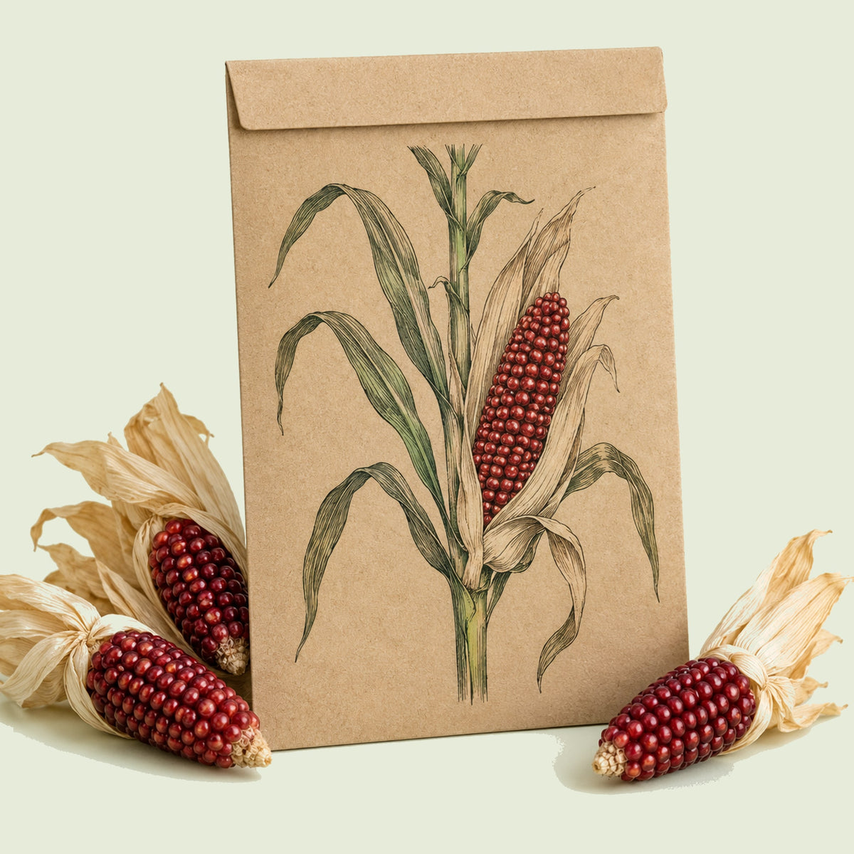 Kraft seed packet illustrated with Strawberry Popcorn, with fresh Strawberry Popcorn beside it