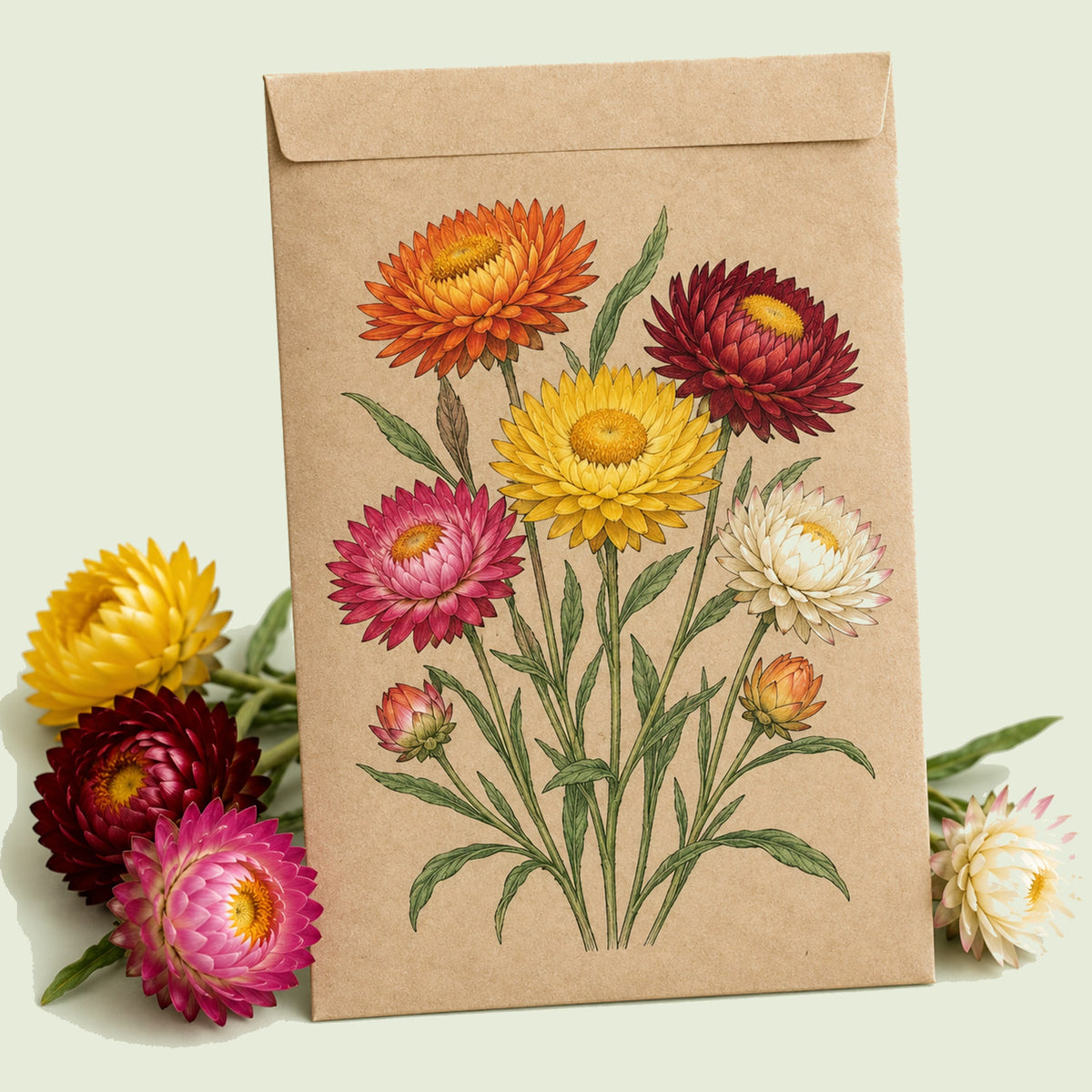 Kraft seed packet illustrated with Strawflower, with fresh Strawflower beside it