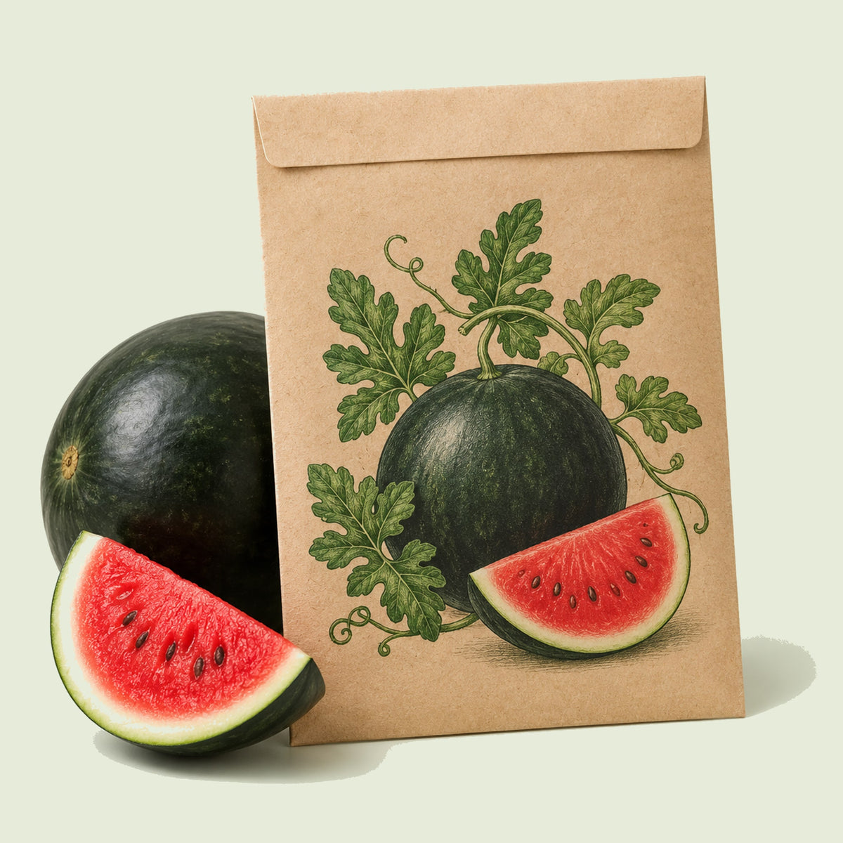 Kraft seed packet illustrated with Sugar Baby Watermelon, with fresh Sugar Baby Watermelon beside it