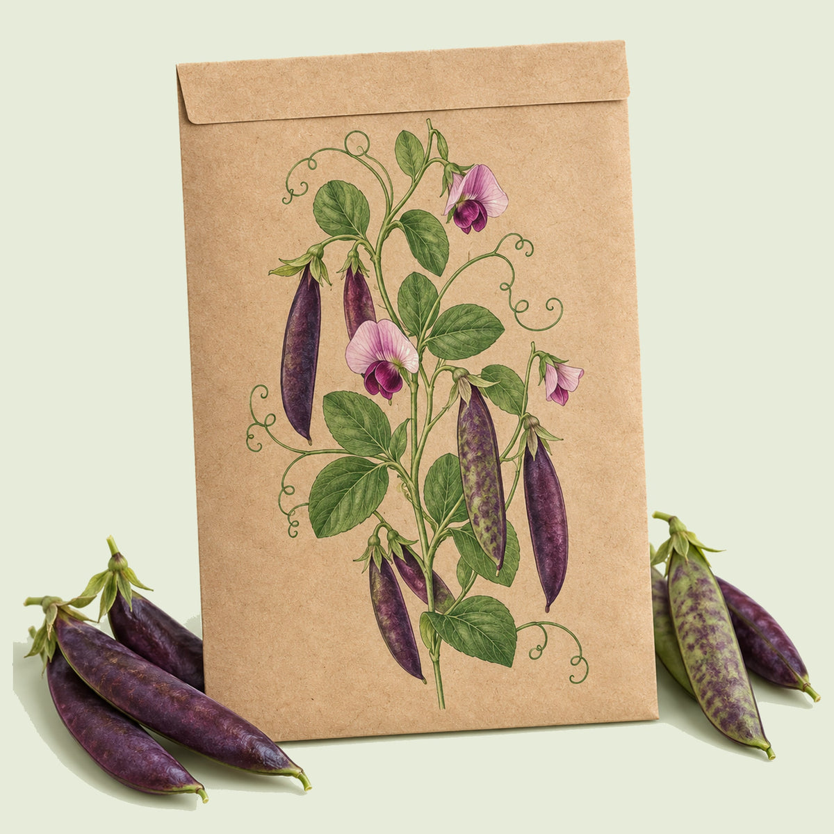 Kraft seed packet illustrated with Sugar Magnolia Snap Pea, with fresh Sugar Magnolia Snap Pea beside it