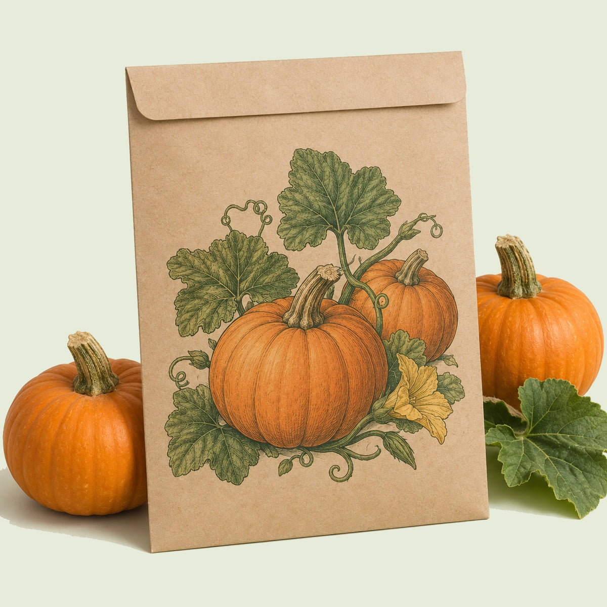 Kraft seed packet illustrated with Sugar Pie Pumpkin, with fresh Sugar Pie Pumpkin beside it