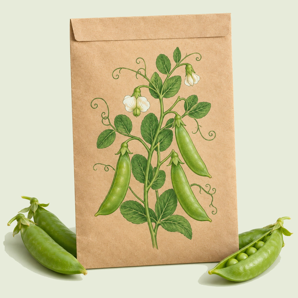 Kraft seed packet illustrated with Sugar Snap Pea, with fresh Sugar Snap Pea beside it