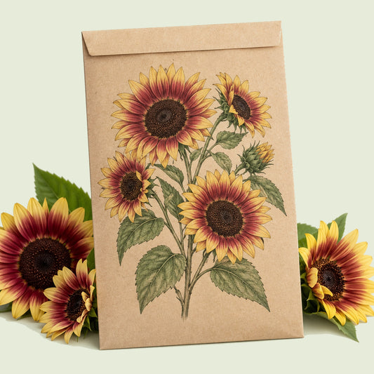 Kraft seed packet illustrated with Summer Lovin Sunflower, with fresh Summer Lovin Sunflower beside it