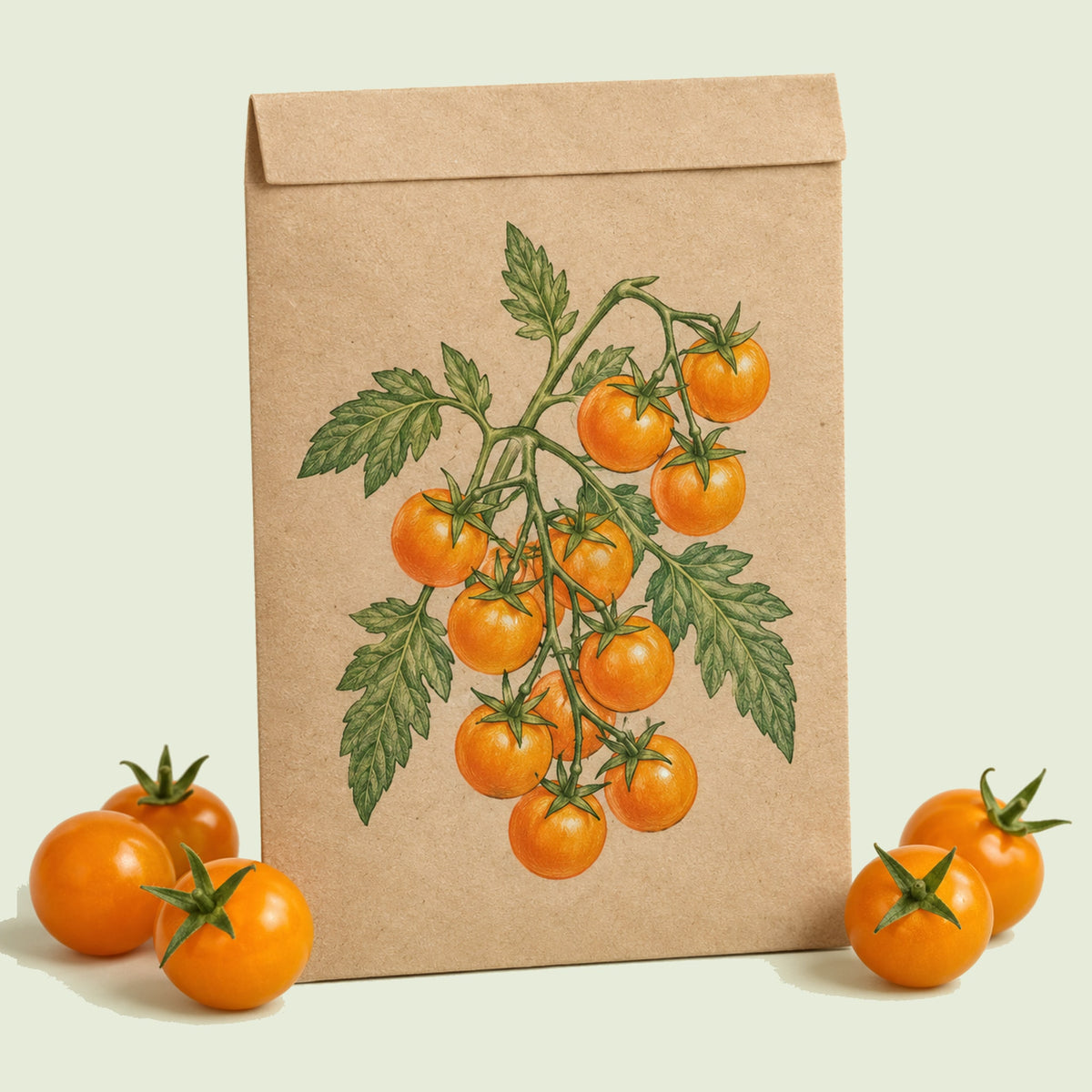 Kraft seed packet illustrated with Sun Gold Cherry Tomato, with fresh Sun Gold Cherry Tomato beside it