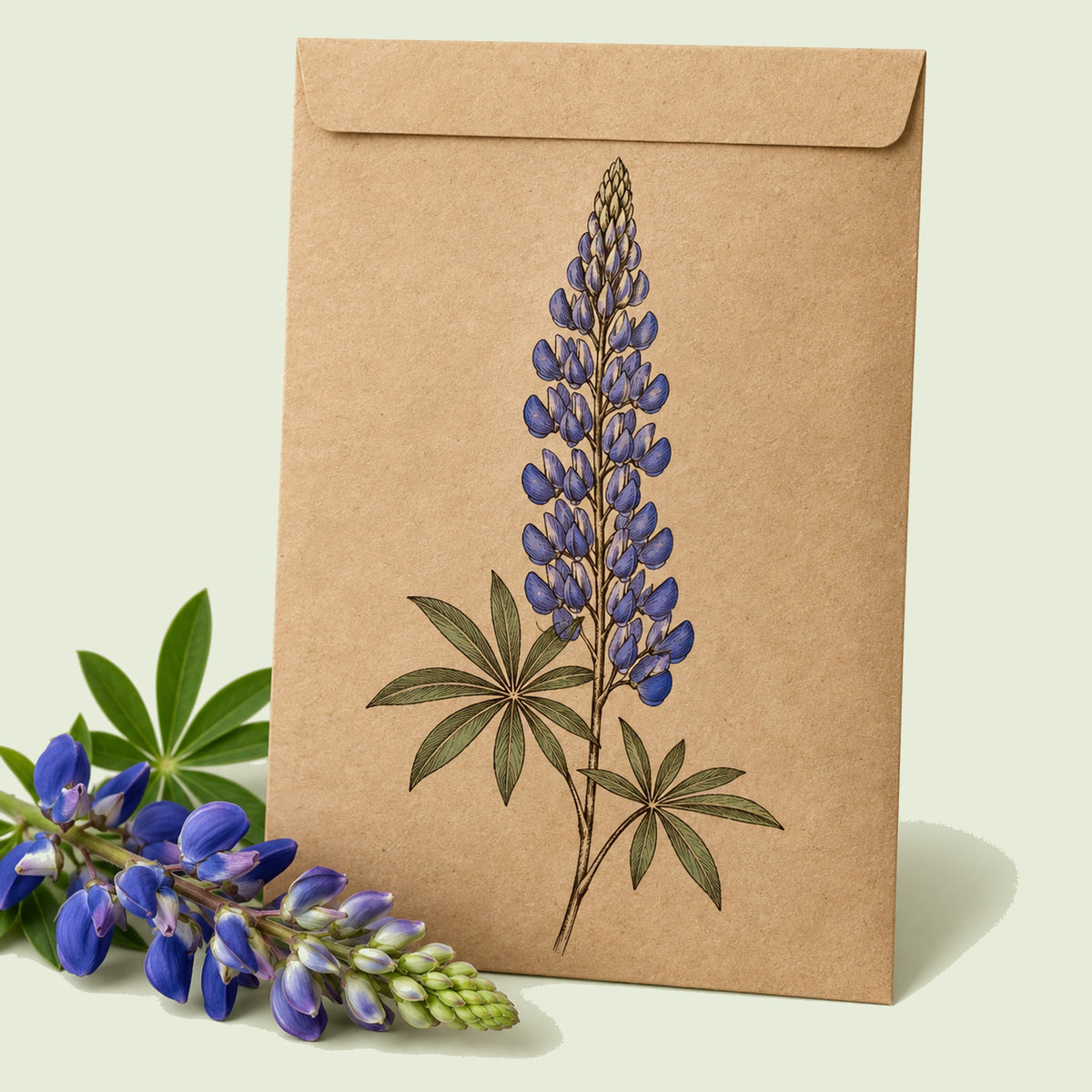 Kraft seed packet illustrated with Sundial Lupine Bluebonnet, with fresh Sundial Lupine Bluebonnet beside it