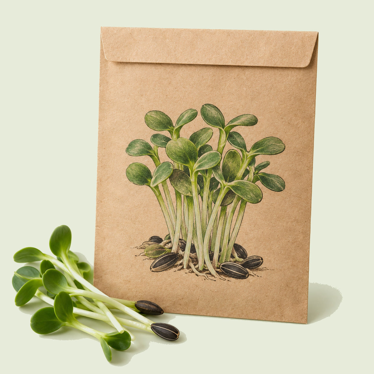 Kraft seed packet illustrated with Sunflower Microgreens, with fresh Sunflower Microgreens beside it