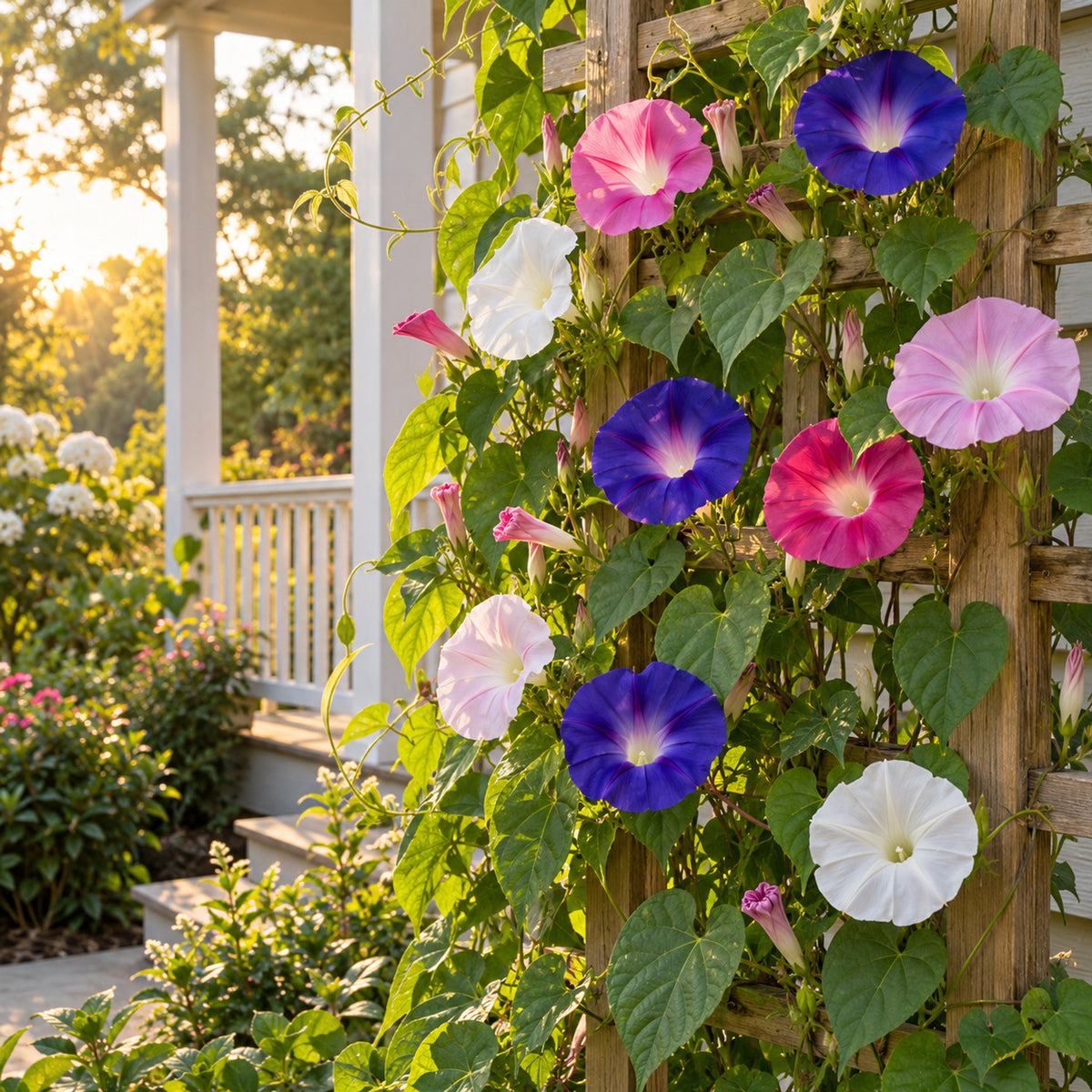 Sunrise Morning Glory Blend Seeds growing in a home garden