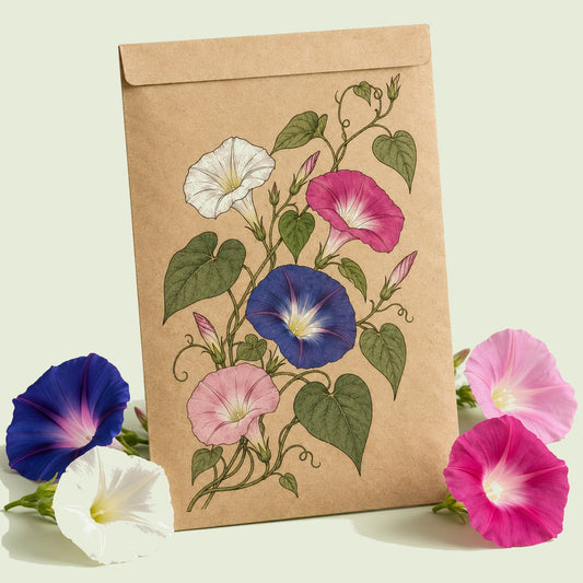 Kraft seed packet illustrated with Sunrise Morning Glory Blend, with fresh Sunrise Morning Glory Blend beside it