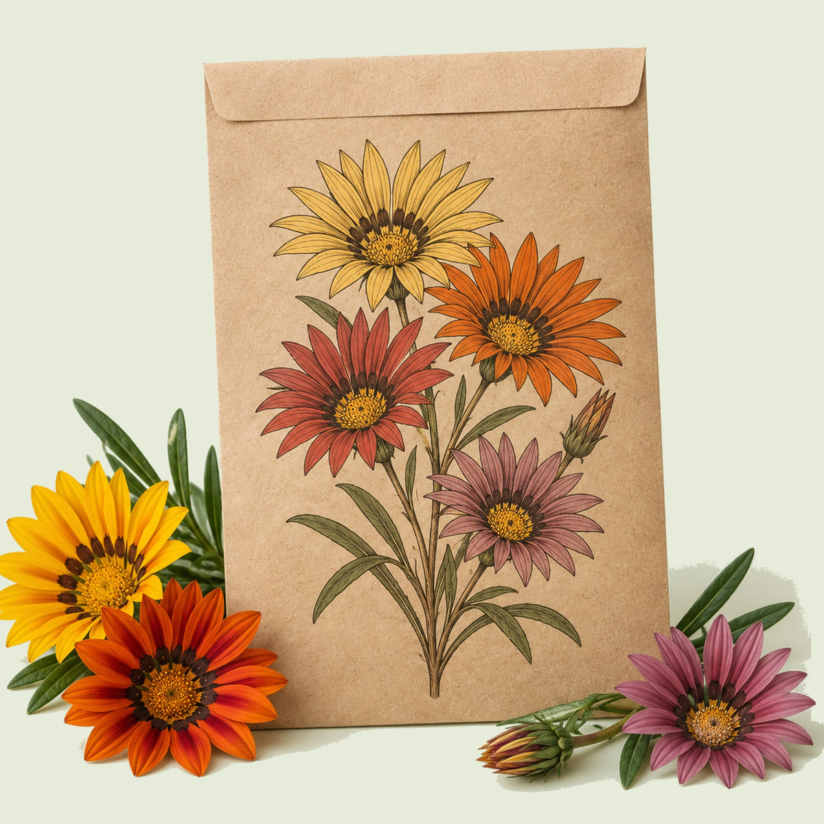 Kraft seed packet illustrated with Sunshine Gazania Blend, with fresh Sunshine Gazania Blend beside it