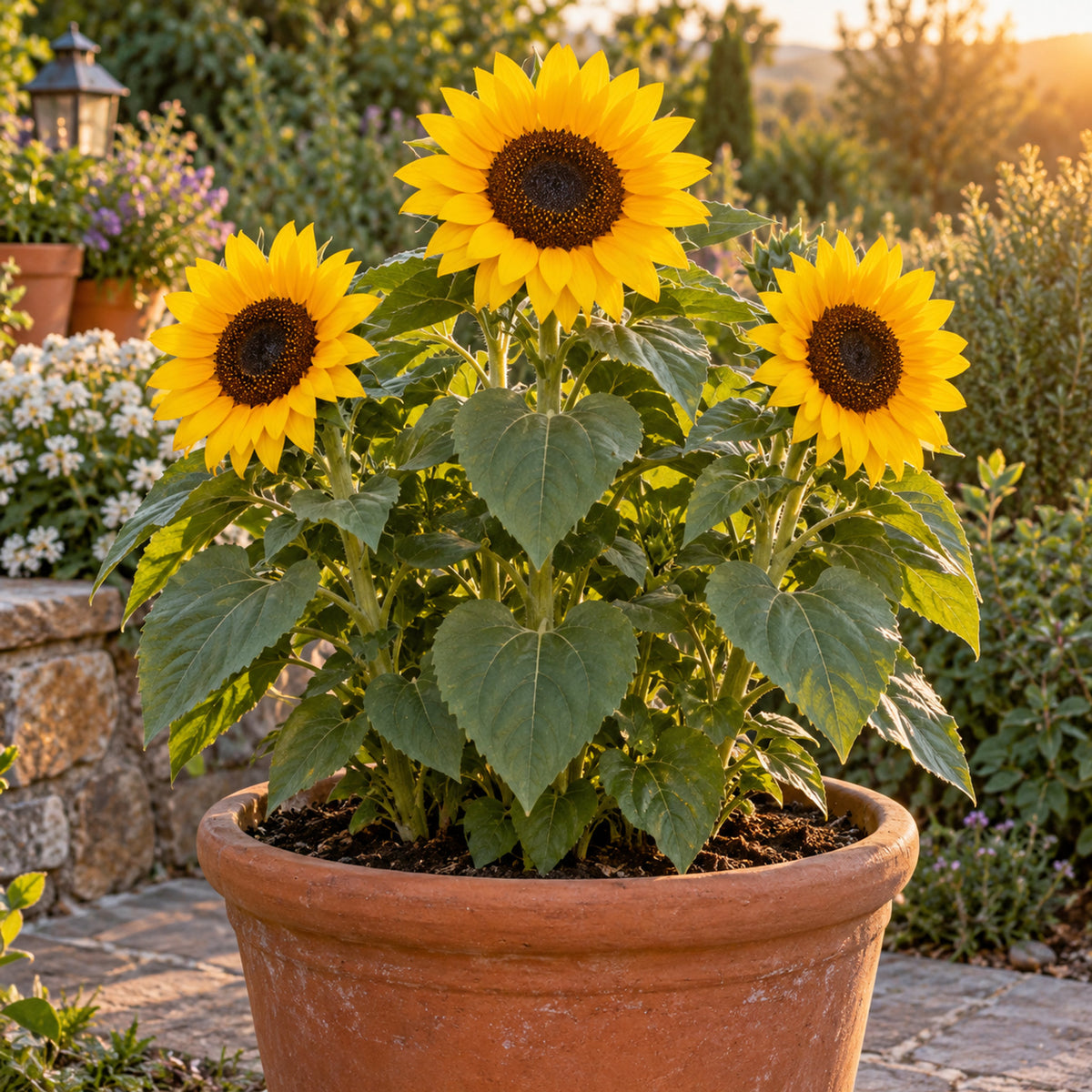 Sunspot Dwarf Sunflower Seeds growing in a home garden