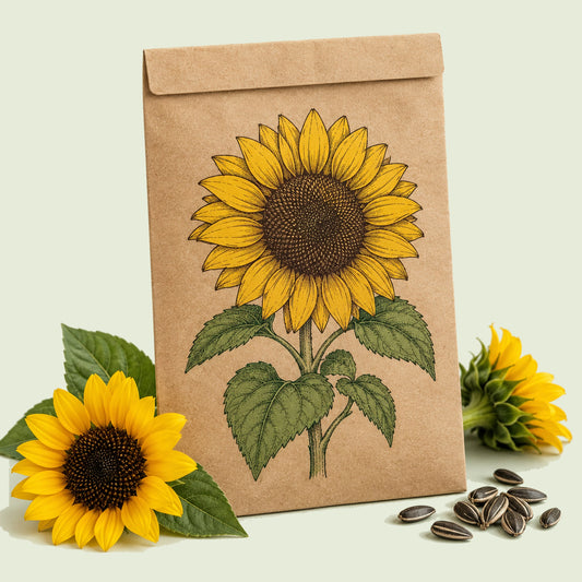 Kraft seed packet illustrated with Sunspot Dwarf Sunflower, with fresh Sunspot Dwarf Sunflower beside it