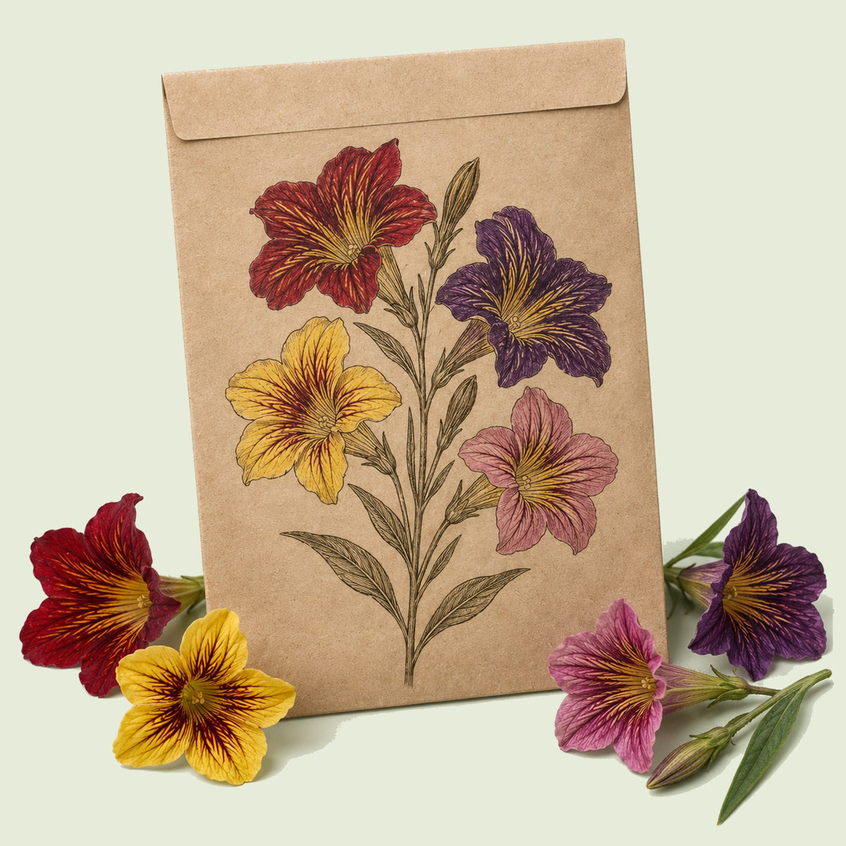 Kraft seed packet illustrated with Superbissima Salpiglossis Flower, with fresh Superbissima Salpiglossis Flower beside it