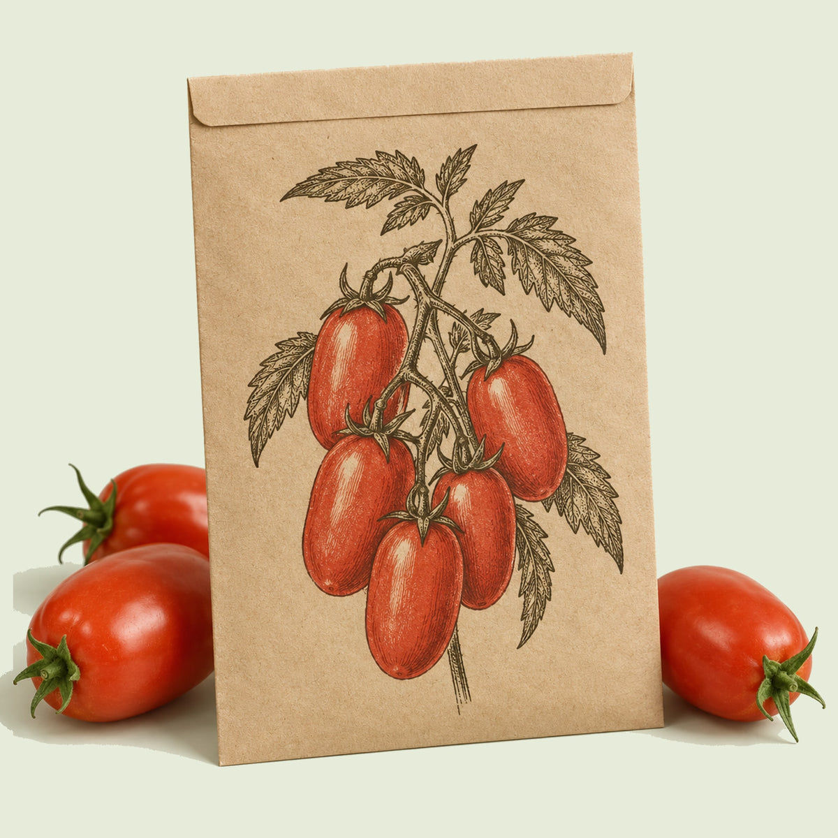 Kraft seed packet illustrated with Supremo Bush Roma Sauce Tomato, with fresh Supremo Bush Roma Sauce Tomato beside it