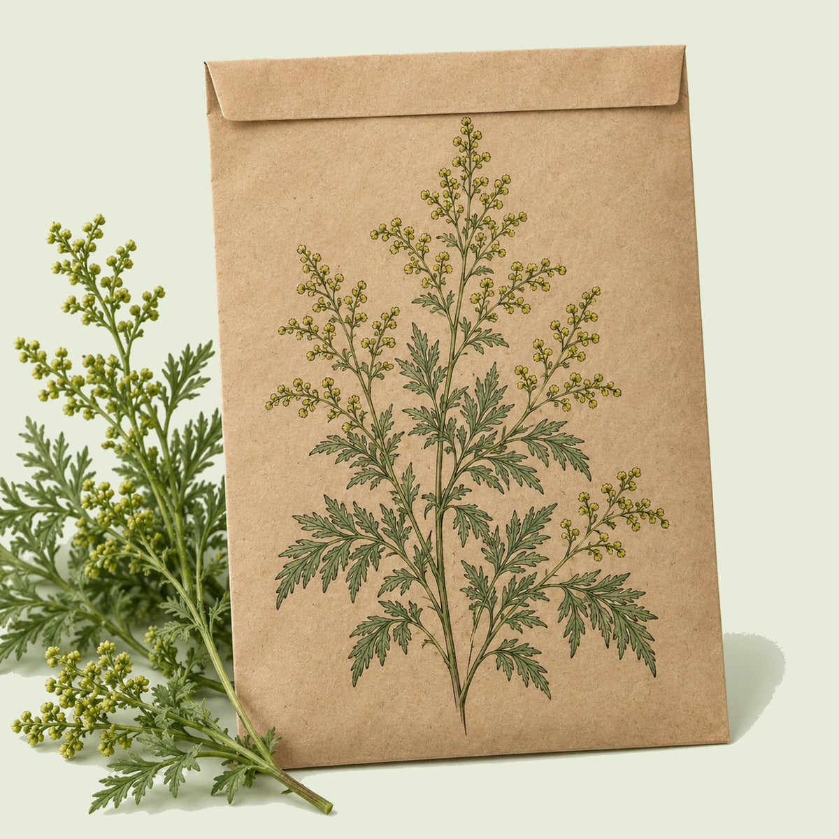 Kraft seed packet illustrated with Sweet Annie Aromatic Flower, with fresh Sweet Annie Aromatic Flower beside it