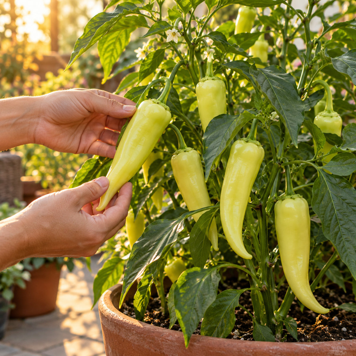 Sweet Banana Pepper Heirloom Seeds growing in a home garden