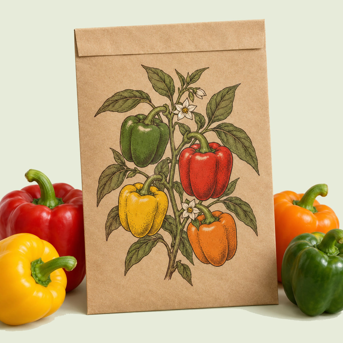 Kraft seed packet illustrated with Sweet Bell Pepper Blend, with fresh Sweet Bell Pepper Blend beside it