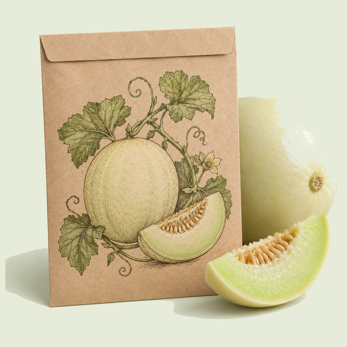 Kraft seed packet illustrated with Sweet Delight Honeydew Garden Melon, with fresh Sweet Delight Honeydew Garden Melon beside it