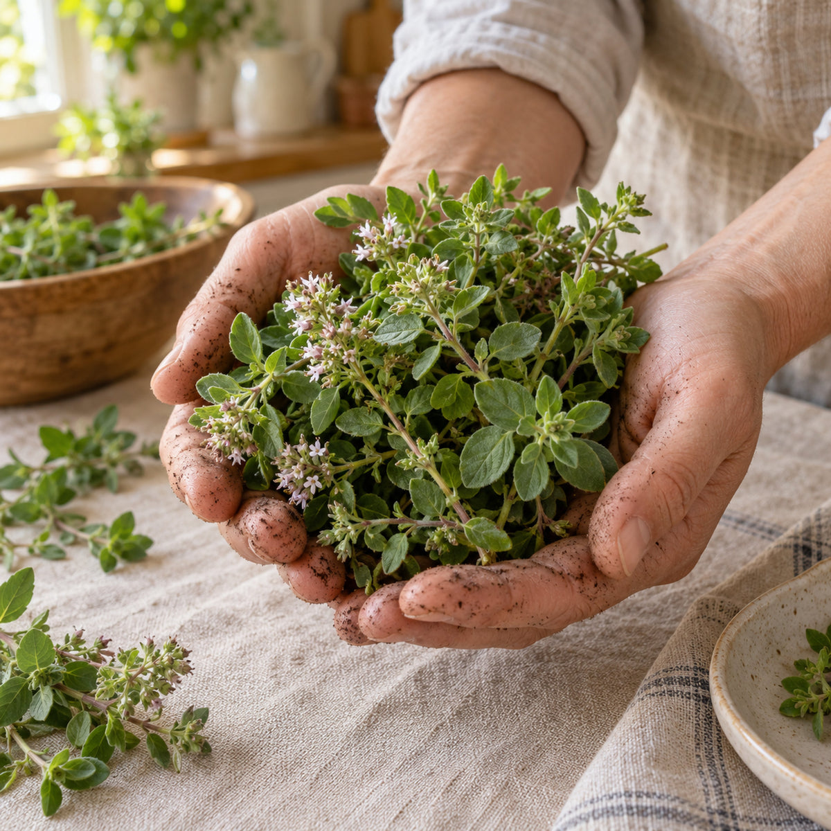 Sweet Marjoram Herb Seeds harvest up close