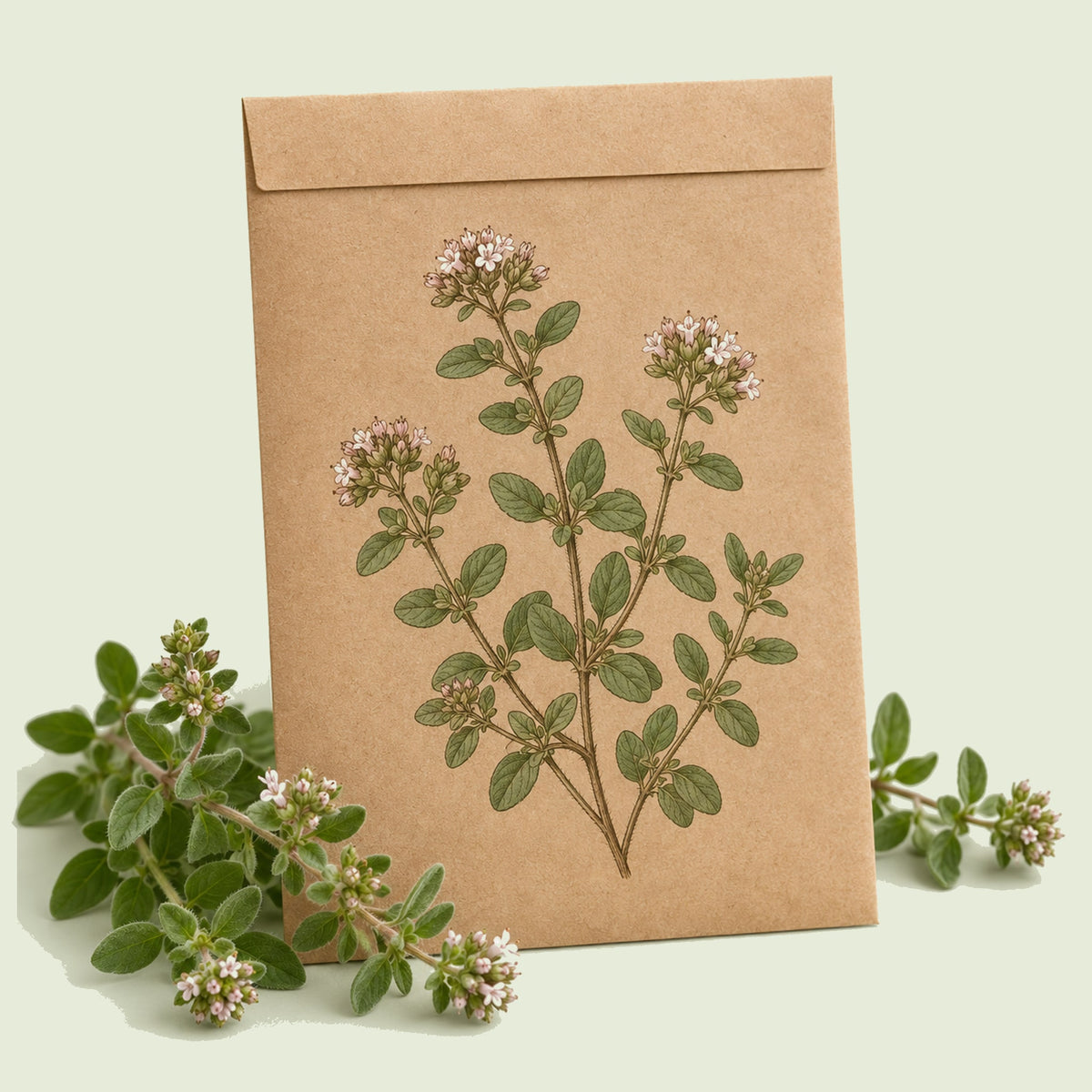 Kraft seed packet illustrated with Sweet Marjoram Herb, with fresh Sweet Marjoram Herb beside it