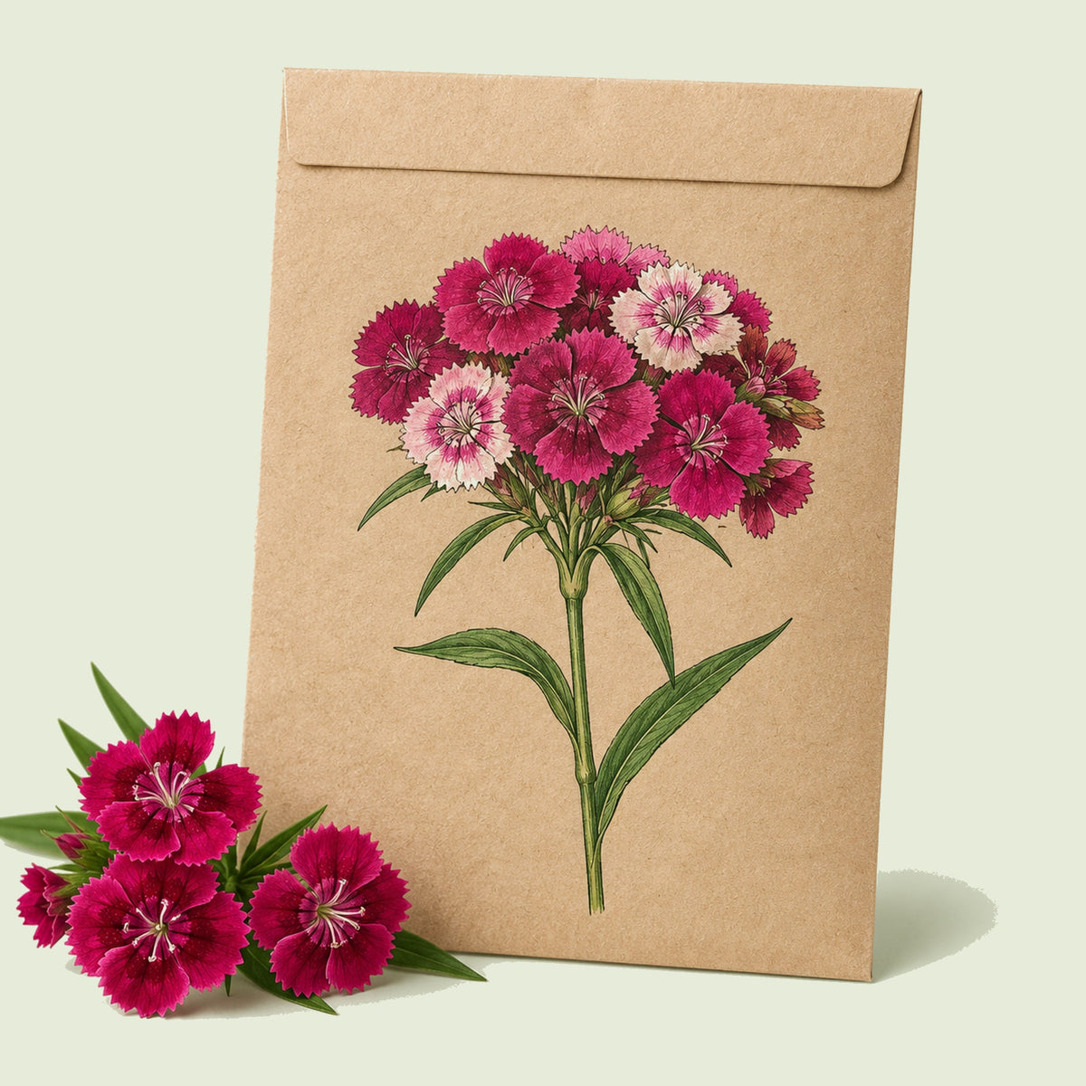 Kraft seed packet illustrated with Sweet Rose Magic Sweet William, with fresh Sweet Rose Magic Sweet William beside it