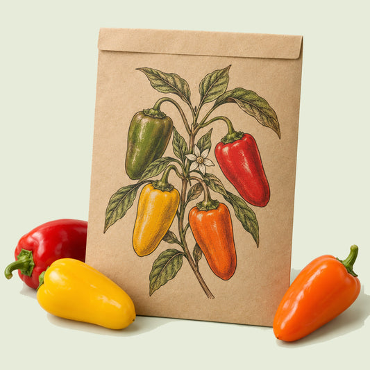 Kraft seed packet illustrated with Sweet Snacking Pepper Blend, with fresh Sweet Snacking Pepper Blend beside it