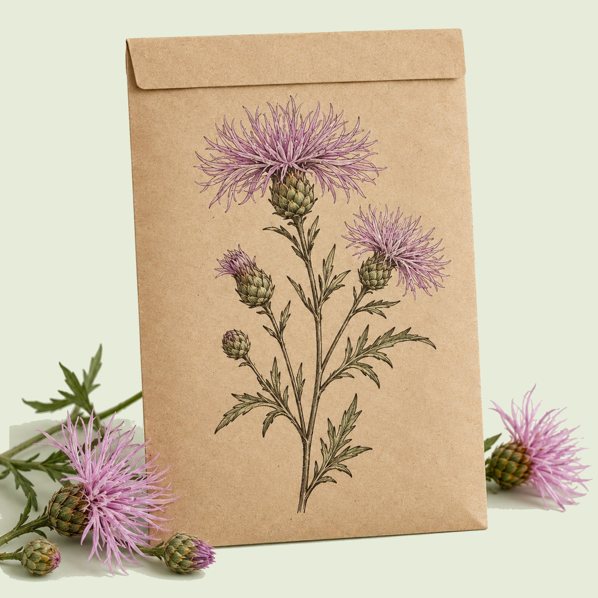 Kraft seed packet illustrated with Sweet Sultan, with fresh Sweet Sultan beside it