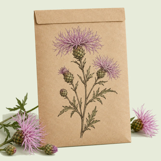 Kraft seed packet illustrated with Sweet Sultan, with fresh Sweet Sultan beside it