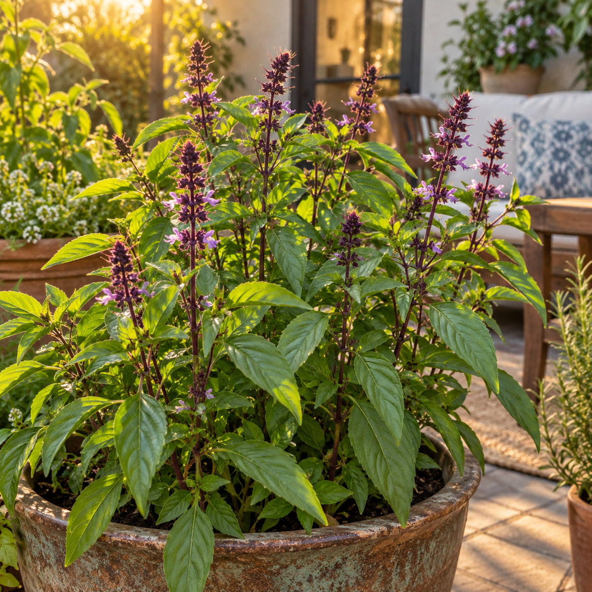 Sweet Thai Basil Herb Seeds growing in a home garden