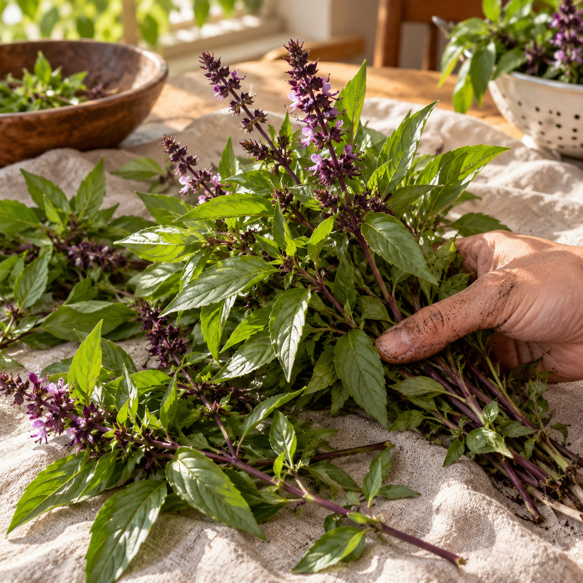 Sweet Thai Basil Herb Seeds harvest up close