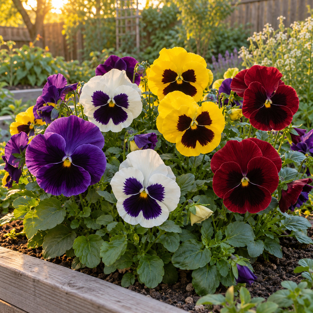Swiss Giants Pansy Blend Seeds growing in a home garden