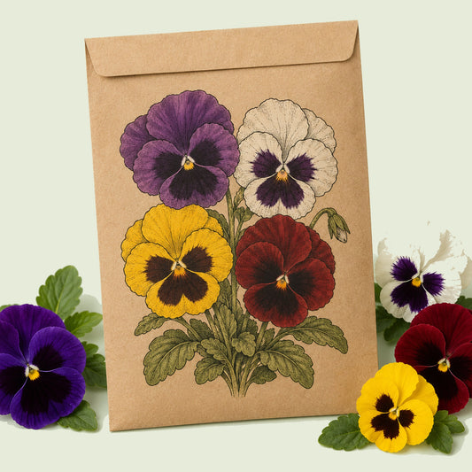 Kraft seed packet illustrated with Swiss Giants Pansy Blend, with fresh Swiss Giants Pansy Blend beside it