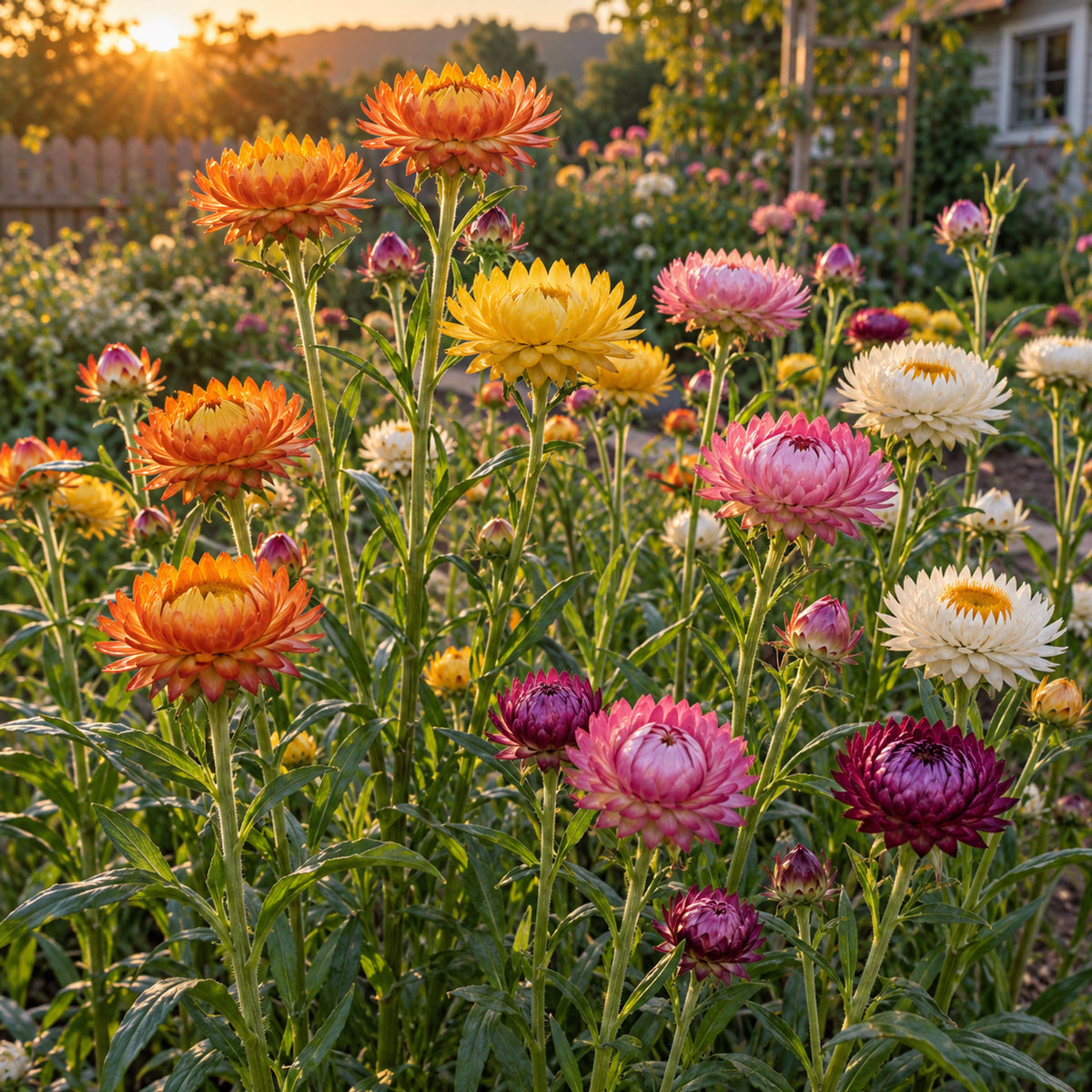 Swiss Giants Strawflower Blend Seeds growing in a home garden