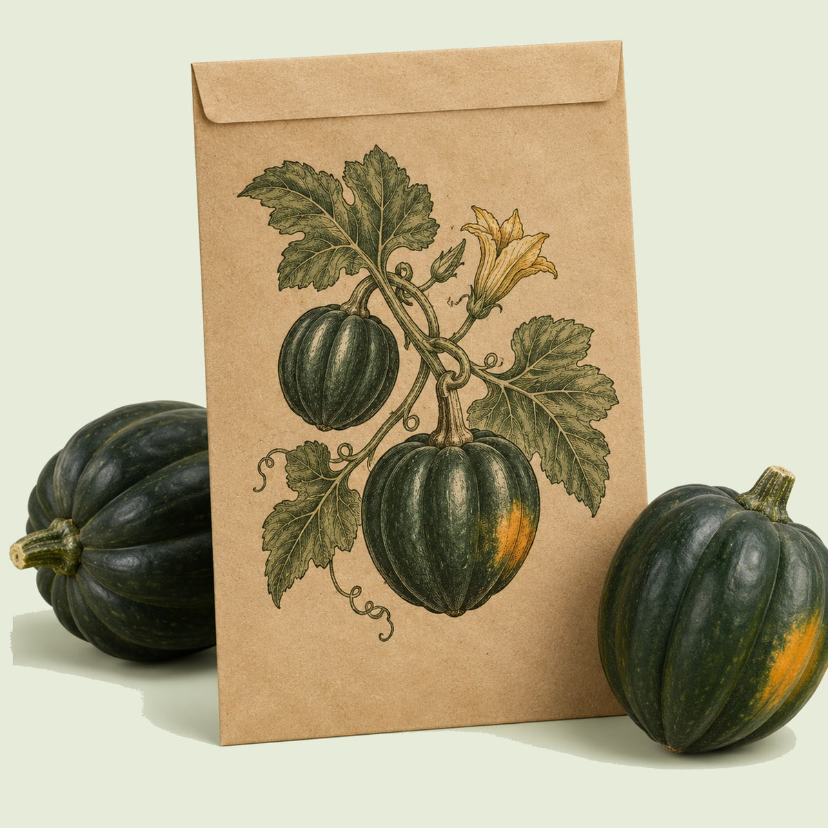 Kraft seed packet illustrated with Table King Acorn Squash, with fresh Table King Acorn Squash beside it