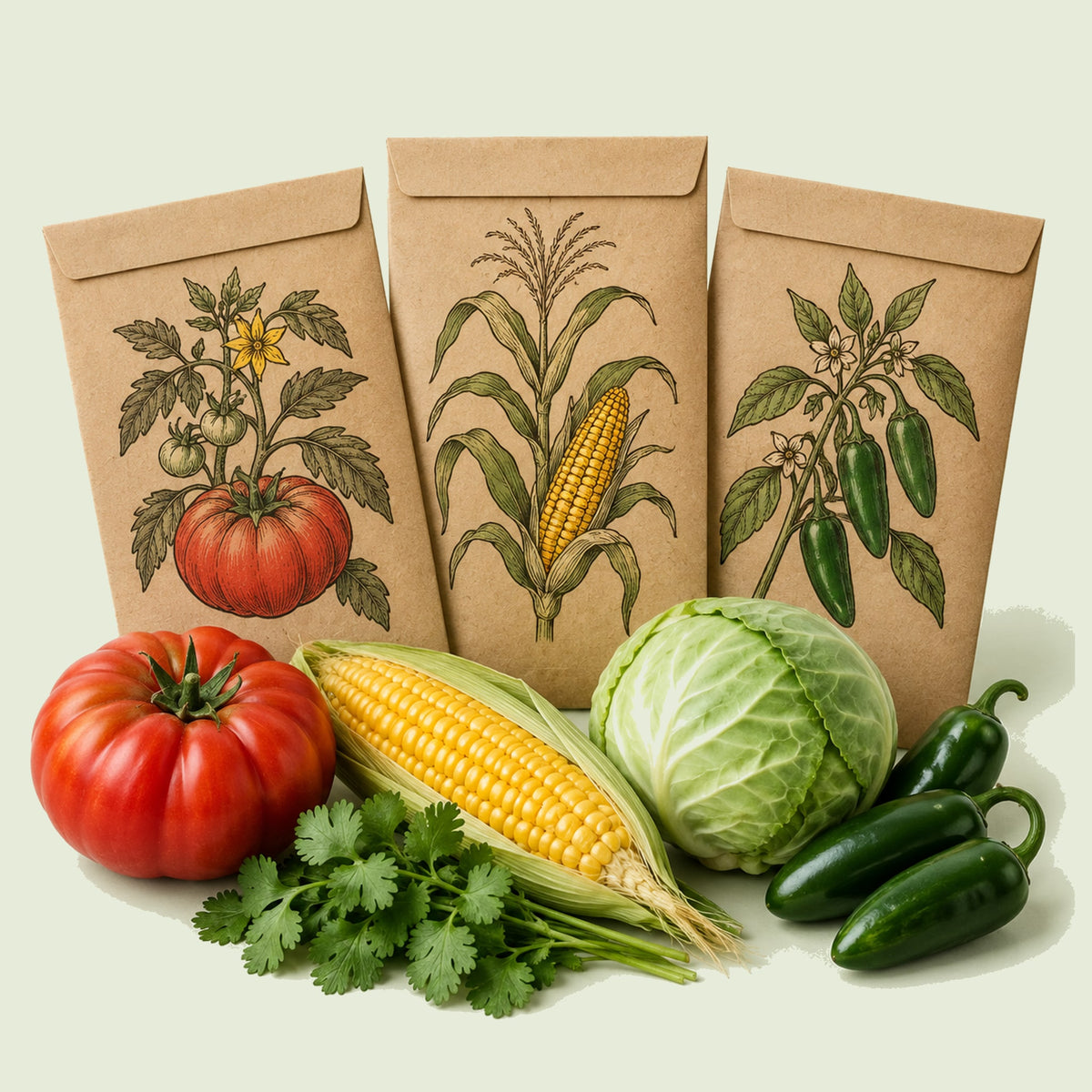 Kraft seed packet illustrated with Taco Night Garden Seed Bundle, with fresh Taco Night Garden Seed Bundle beside it