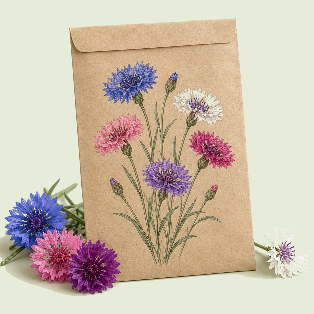 Kraft seed packet illustrated with Tall Blend Bachelor's Button, with fresh Tall Blend Bachelor's Button beside it