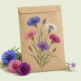 Kraft seed packet illustrated with Tall Blend Bachelor's Button, with fresh Tall Blend Bachelor's Button beside it