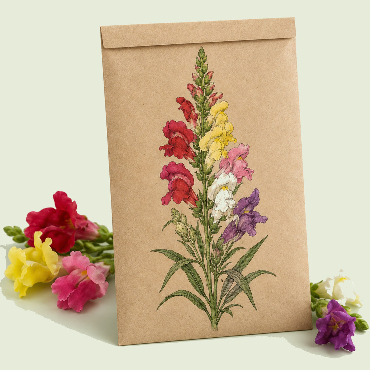 Kraft seed packet illustrated with Tall Maximum Blend Snapdragon, with fresh Tall Maximum Blend Snapdragon beside it